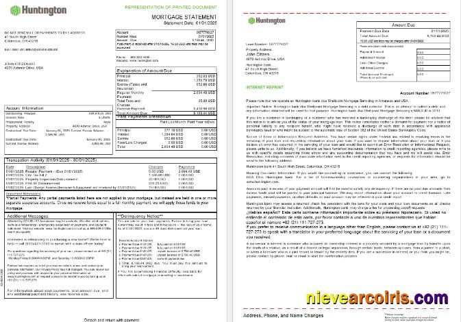 USA Ohio Huntington bank mortgage statement, 3 pages 1-2